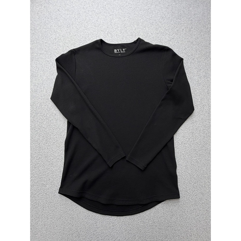 BYLT Shirt Mens Small Black Waffle Knit Drop-Cut Long Sleeve Crewneck Tee